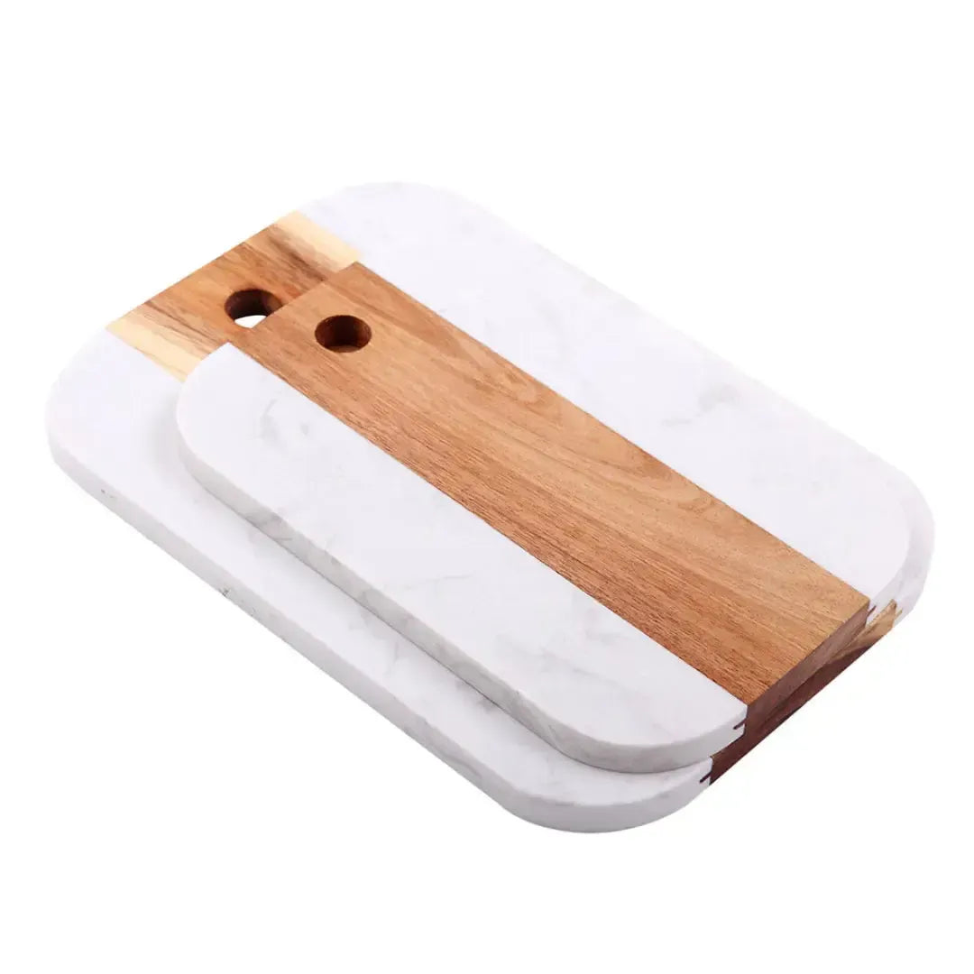 Conjunto 2 Tábuas para Aperitivo com Furo de Pendurar Madeira e Mármore Branco