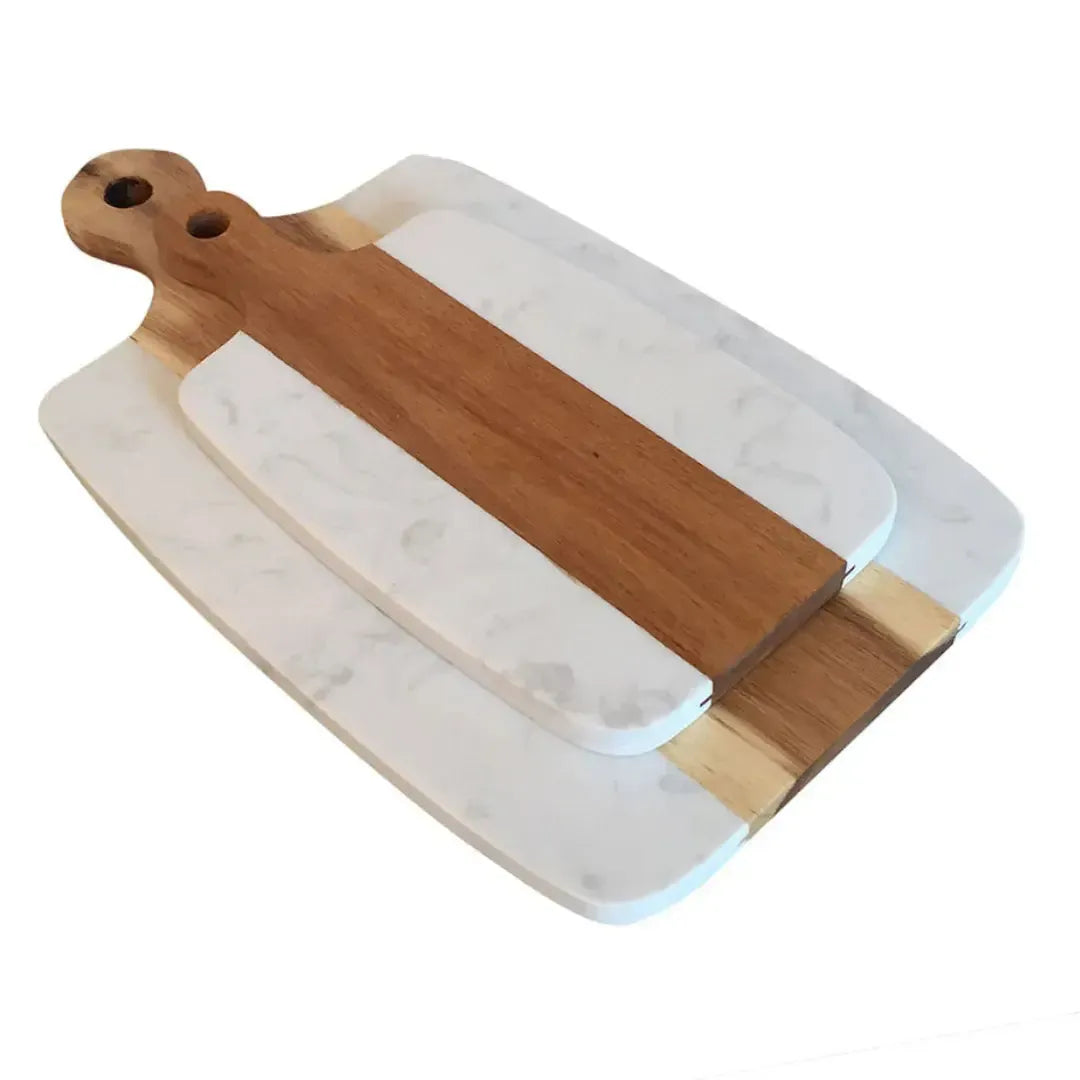 Conjunto 2 Tábuas para Aperitivos com Cabo para Servir Madeira e Mármore Branco