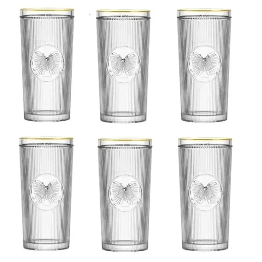 Jogo 6 Copos Altos em Vidro Gold Rim Borboleta 350ml L'Hermitage