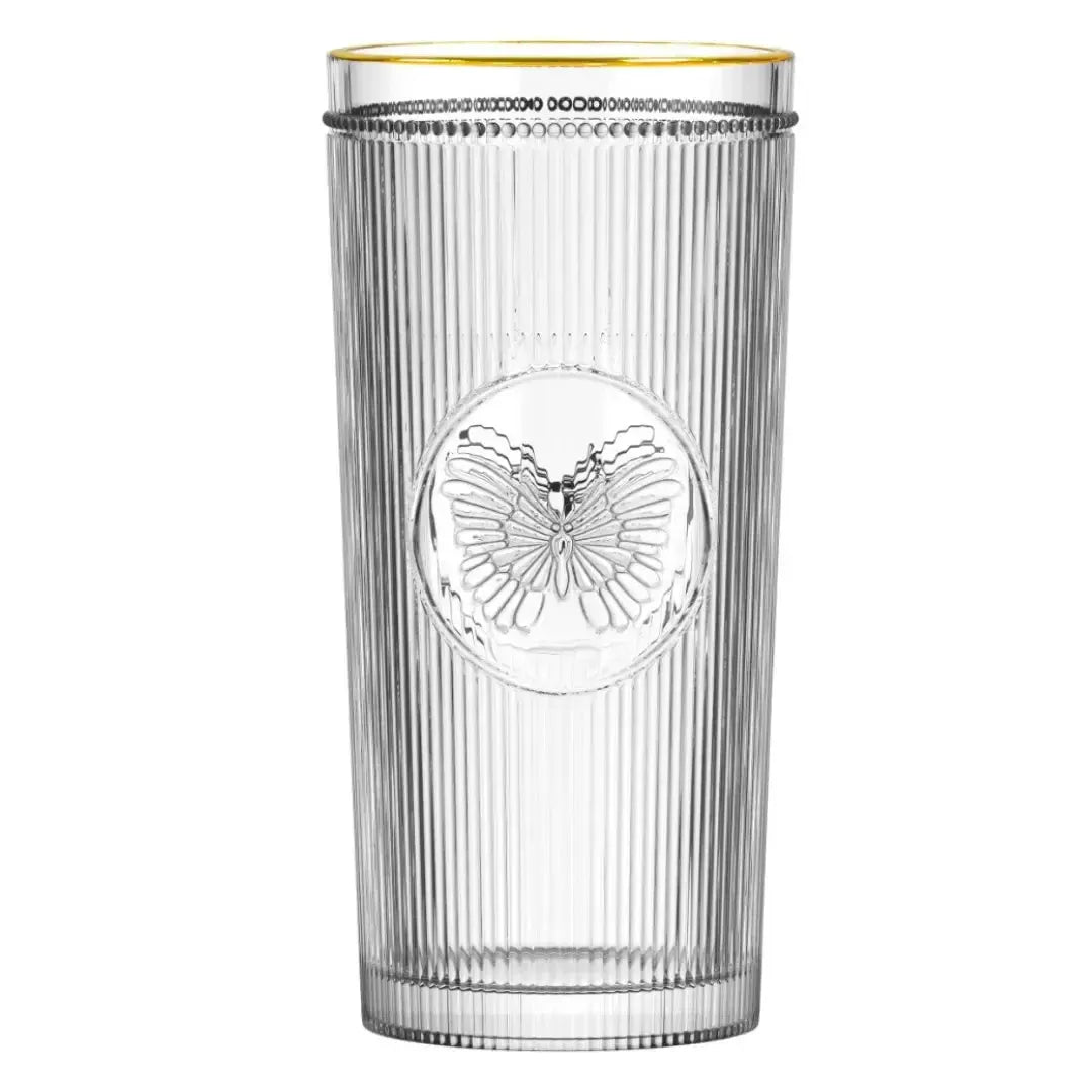 Jogo 6 Copos Altos em Vidro Gold Rim Borboleta 350ml L'Hermitage