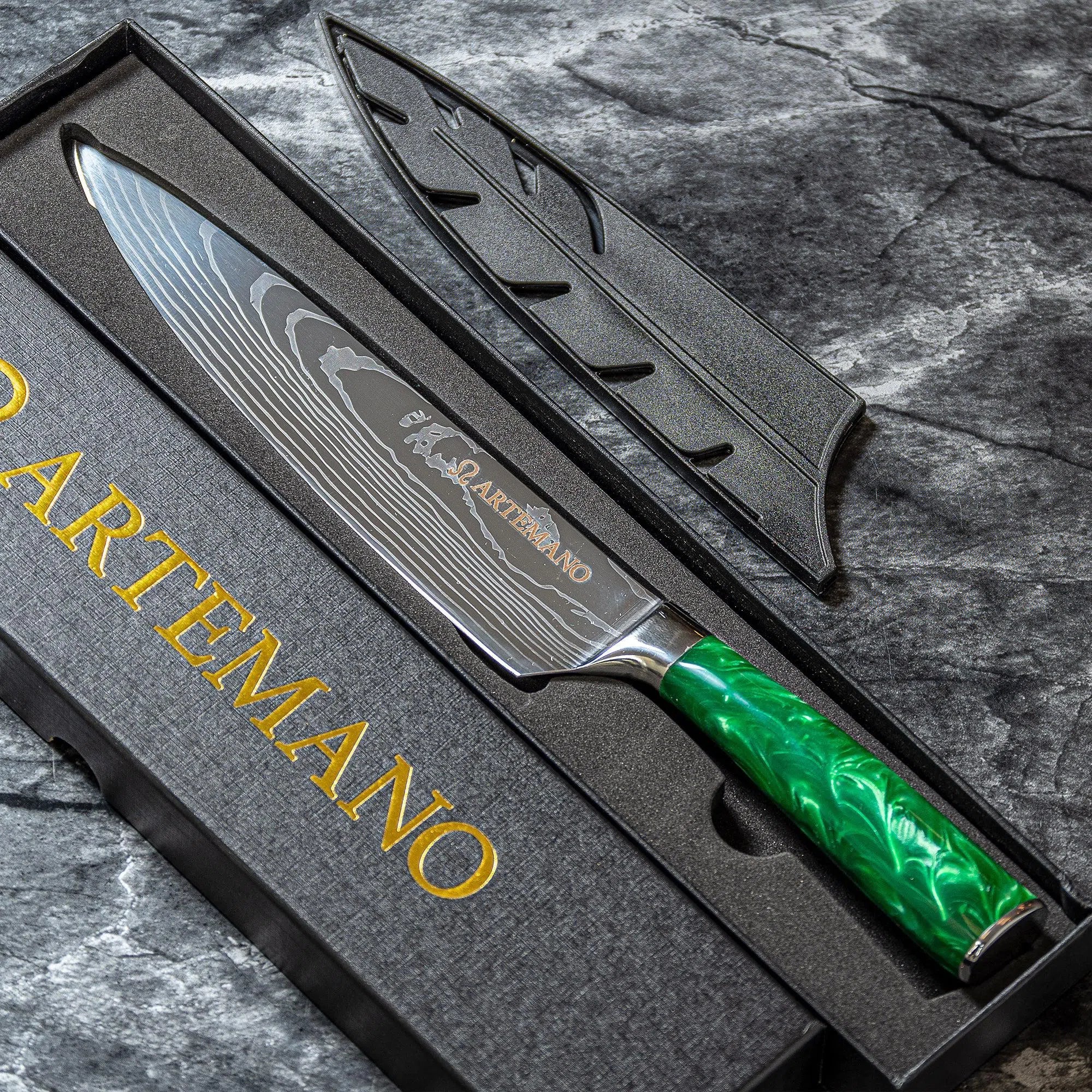 OUTLET: Faca do Chef Artemano 20cm com Acabamento em Aço Damasco e Cabo em Pakkawood Jungle