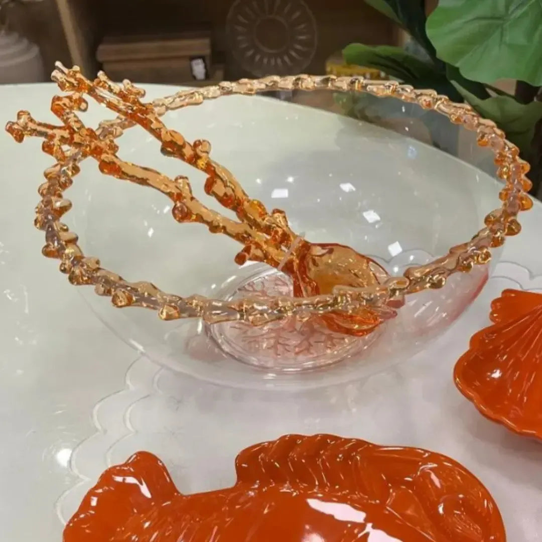 Saladeira Acrílico Borda Coral Laranja 32,5x32,5x13cm
