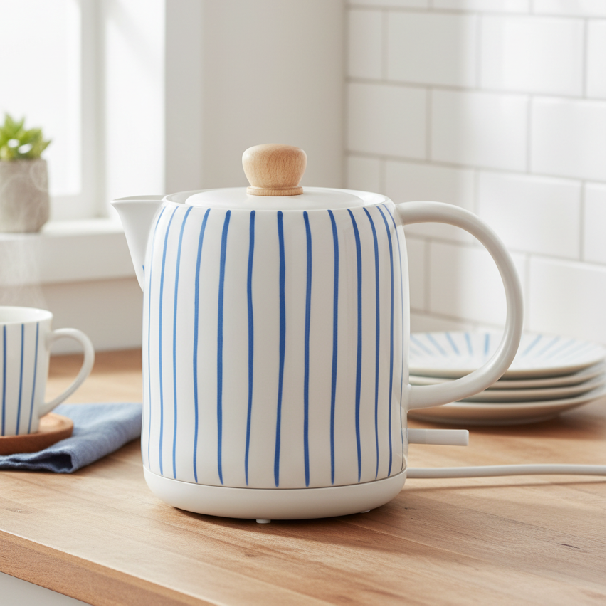 Chaleira Elétrica Porcelana Elegance Listrada Branca / Azul 1L 220V Tuut