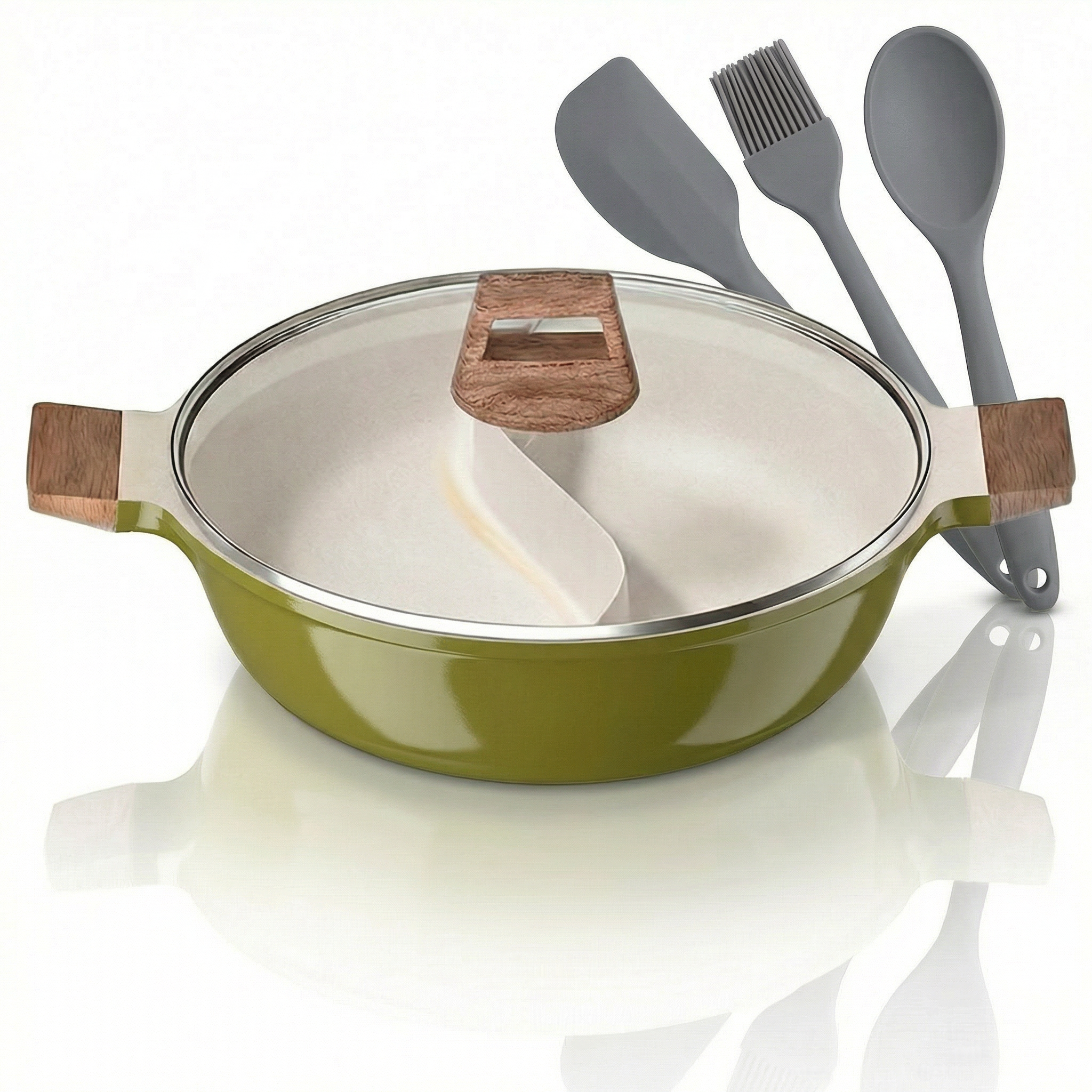Panela Dupla Divisória Antiaderente + Kit Utensílios em Silicone