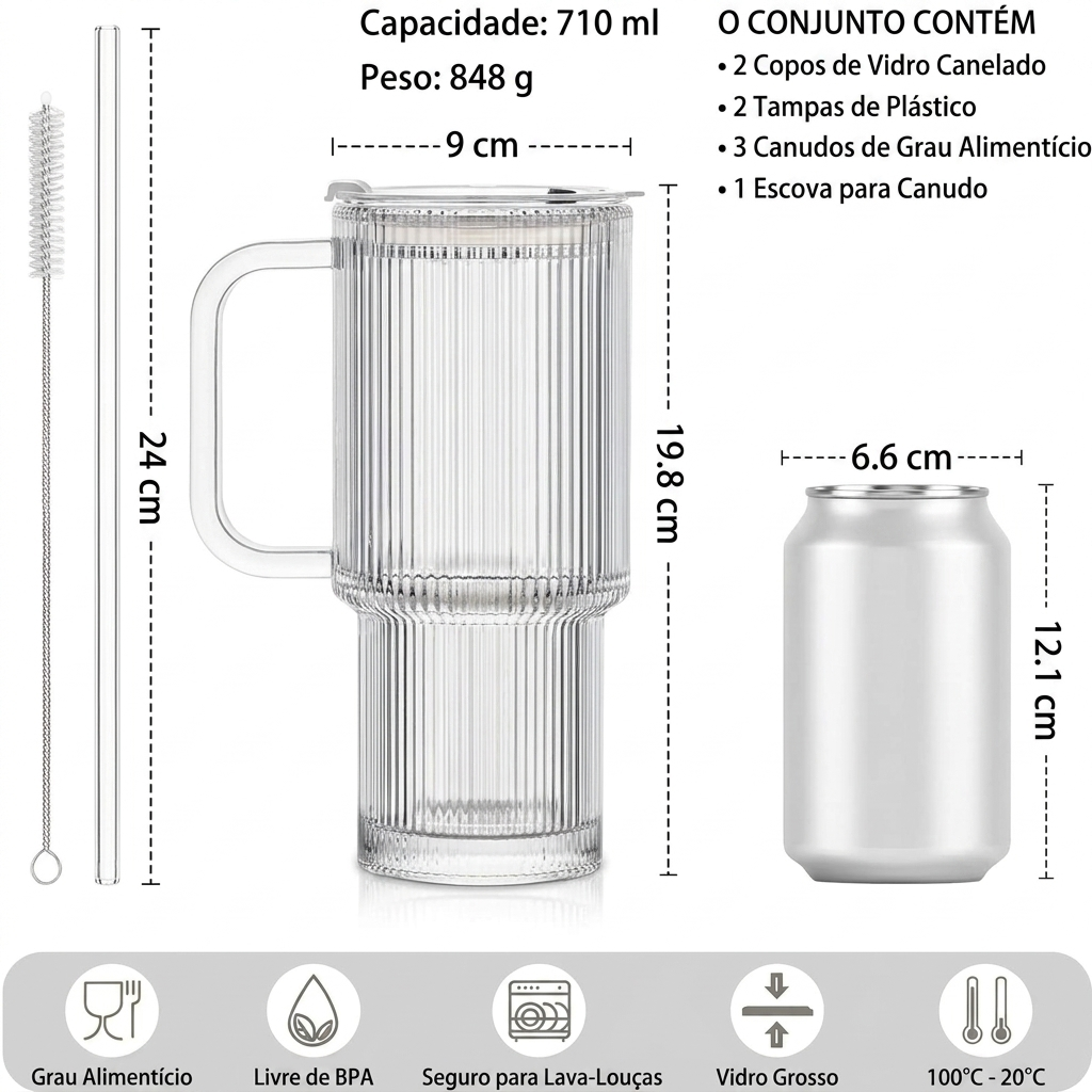 Kit Copos Térmicos de Vidro Duplo + Tampa com Vedação