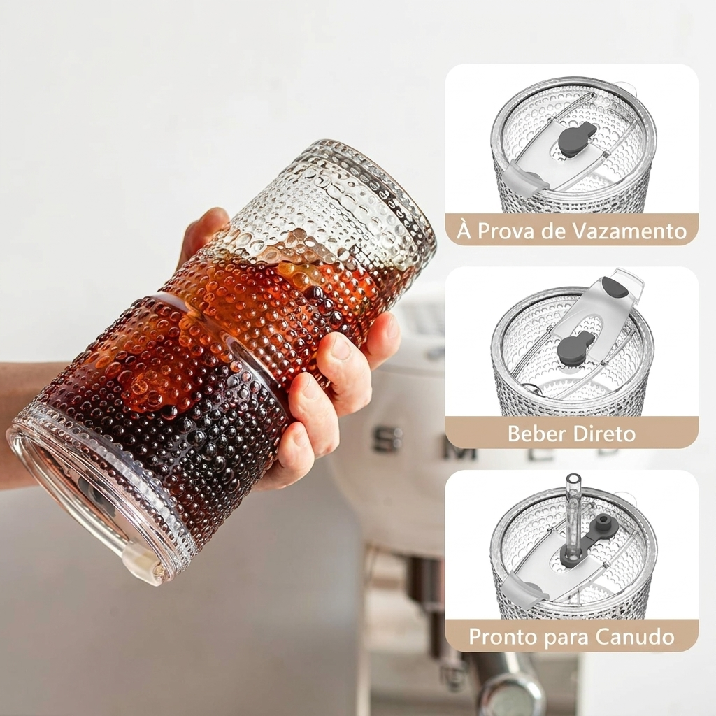 Kit Copos Térmicos de Vidro Duplo + Tampa com Vedação