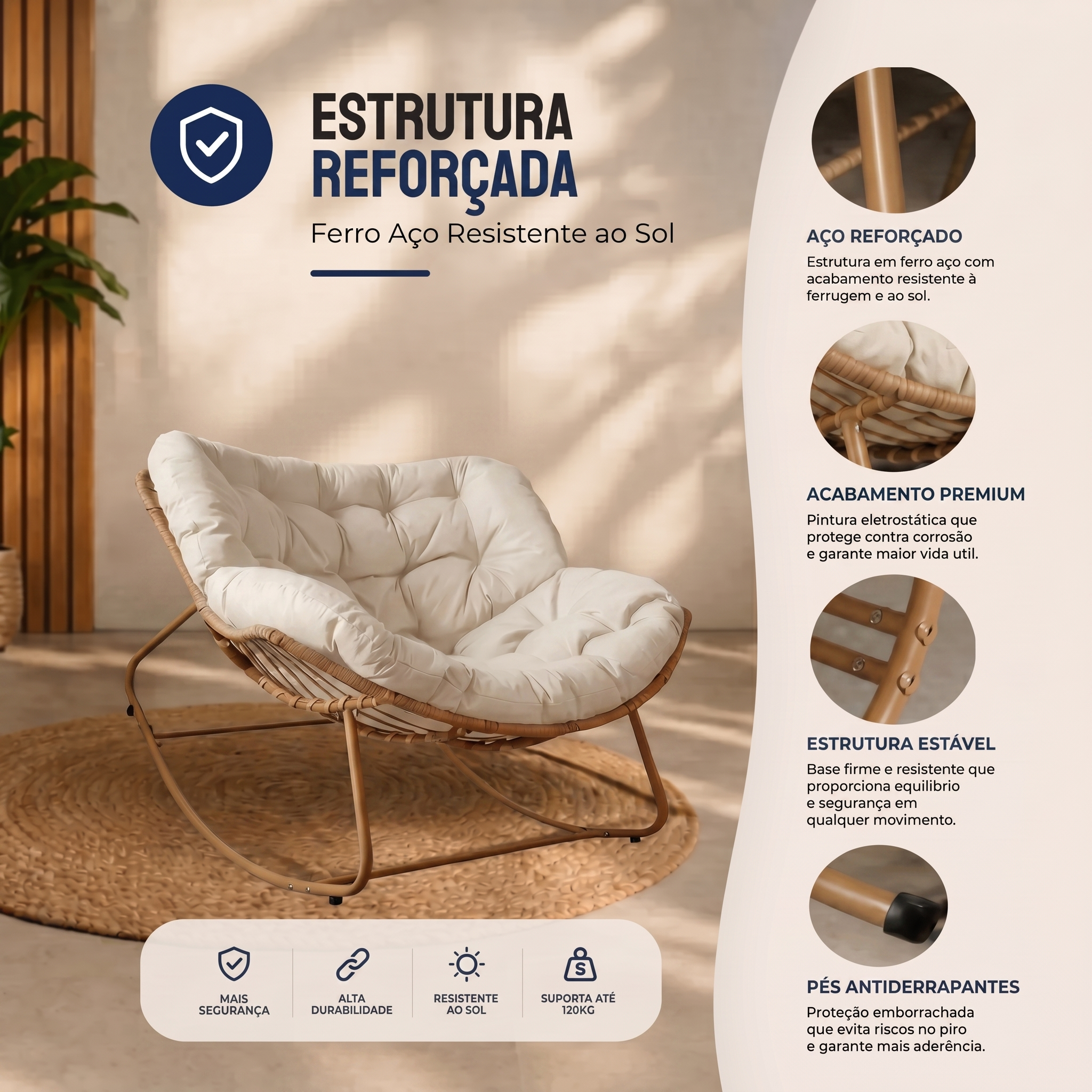 Poltrona De Balanço Concha - Rattan e Estofado Acolchoado