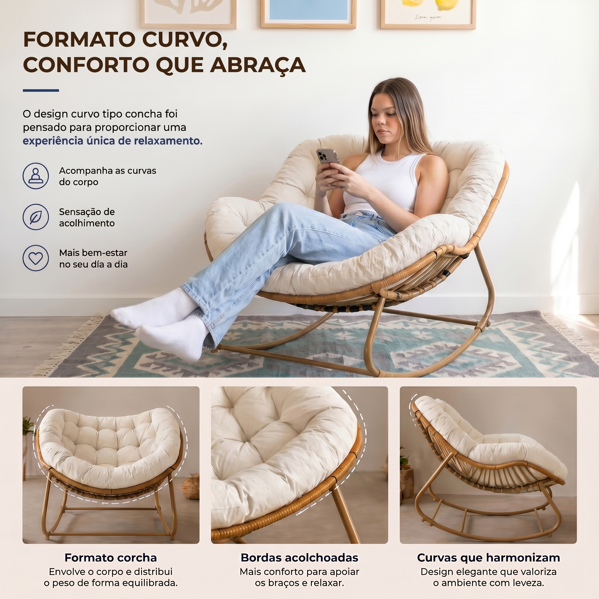 Poltrona De Balanço Concha - Rattan e Estofado Acolchoado