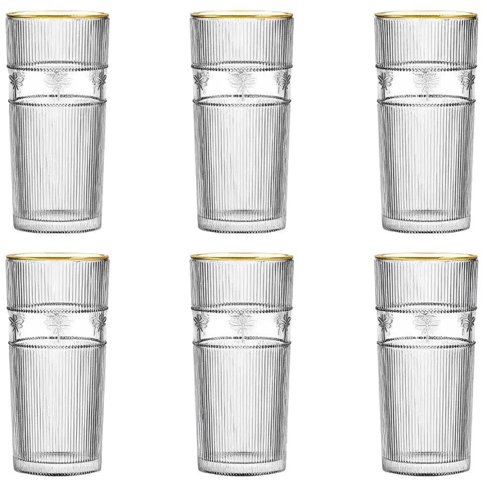 Jogo 6 Copos Altos em Vidro Gold Rim Libélula 350ml L'Hermitage