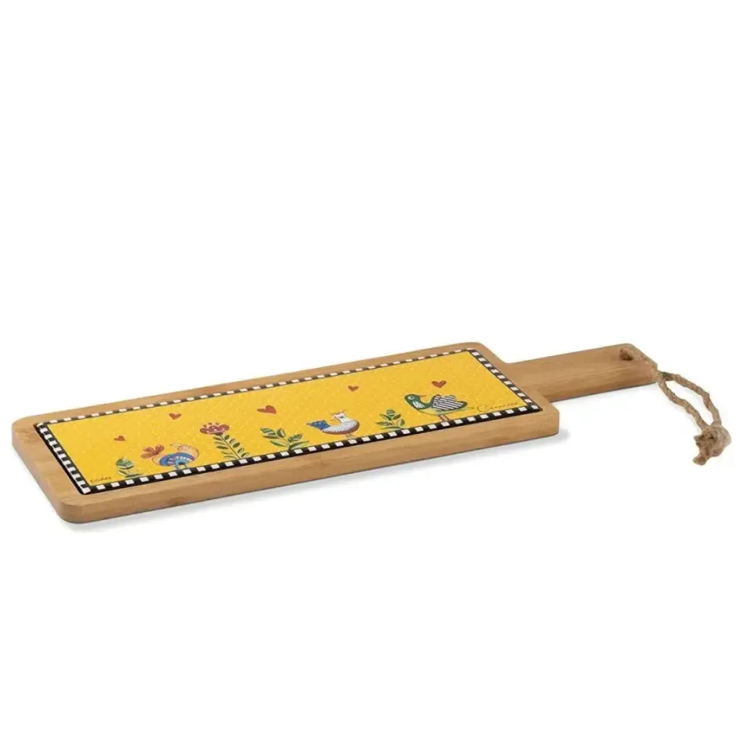 Tábua para Aperitivo Madeira/Cerâmica Cocoricó Amarela 42x13cm Egan