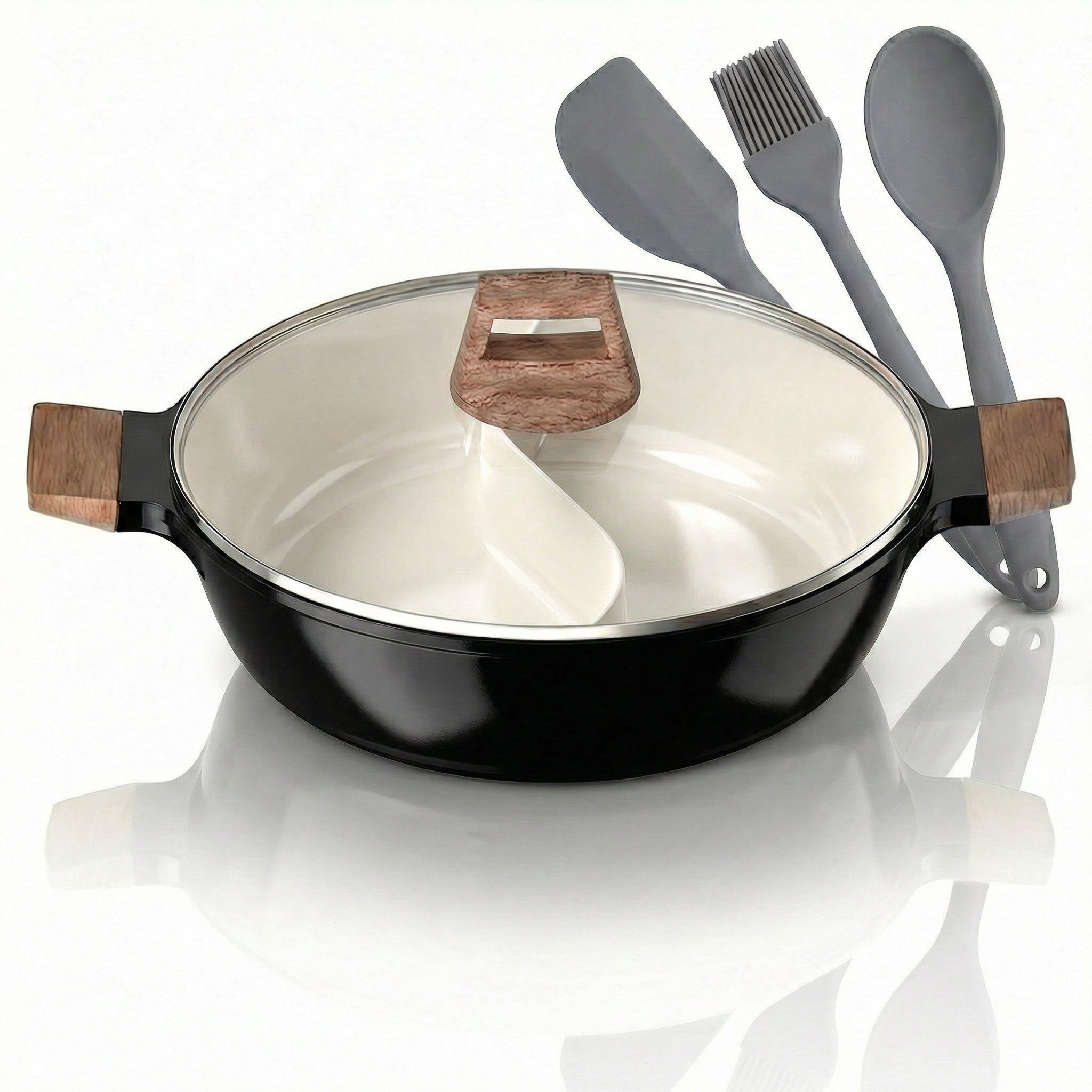 Panela Dupla Divisória Antiaderente + Kit Utensílios em Silicone