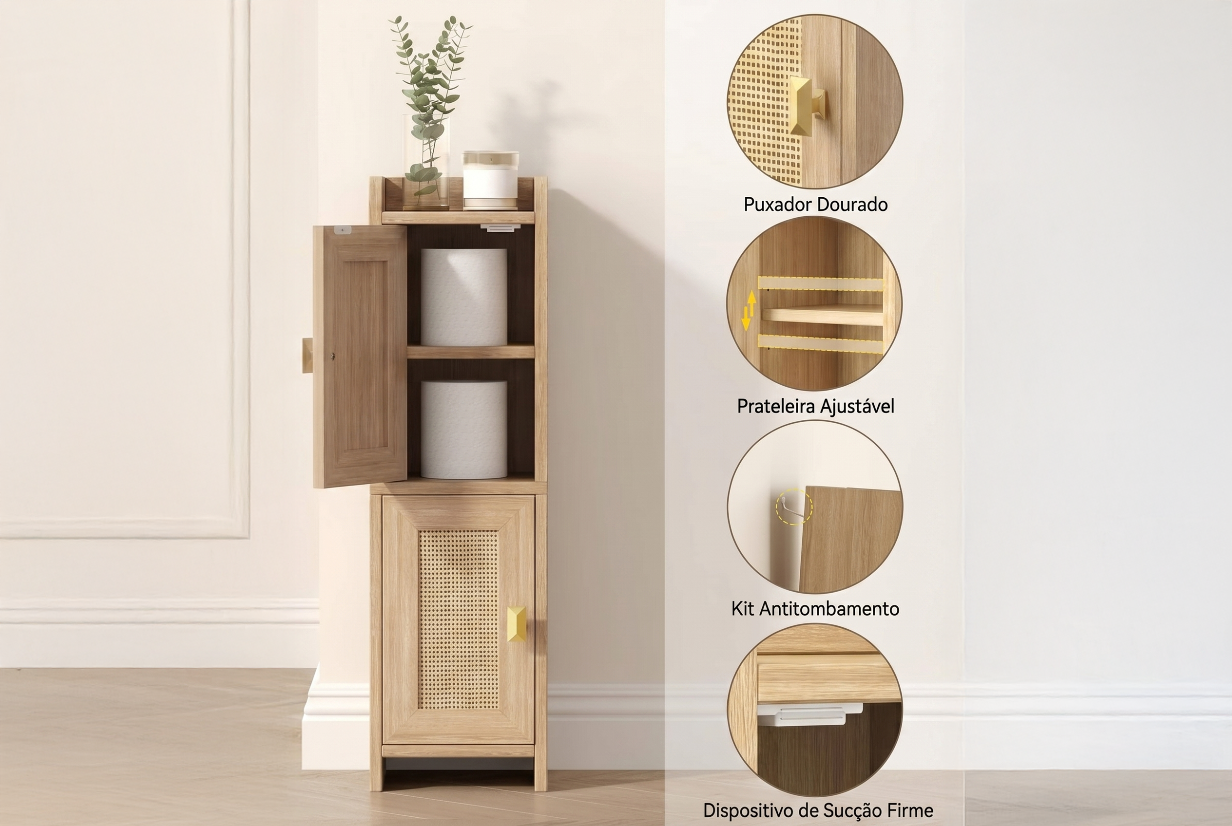 Armário Estreito com Rattan Zen