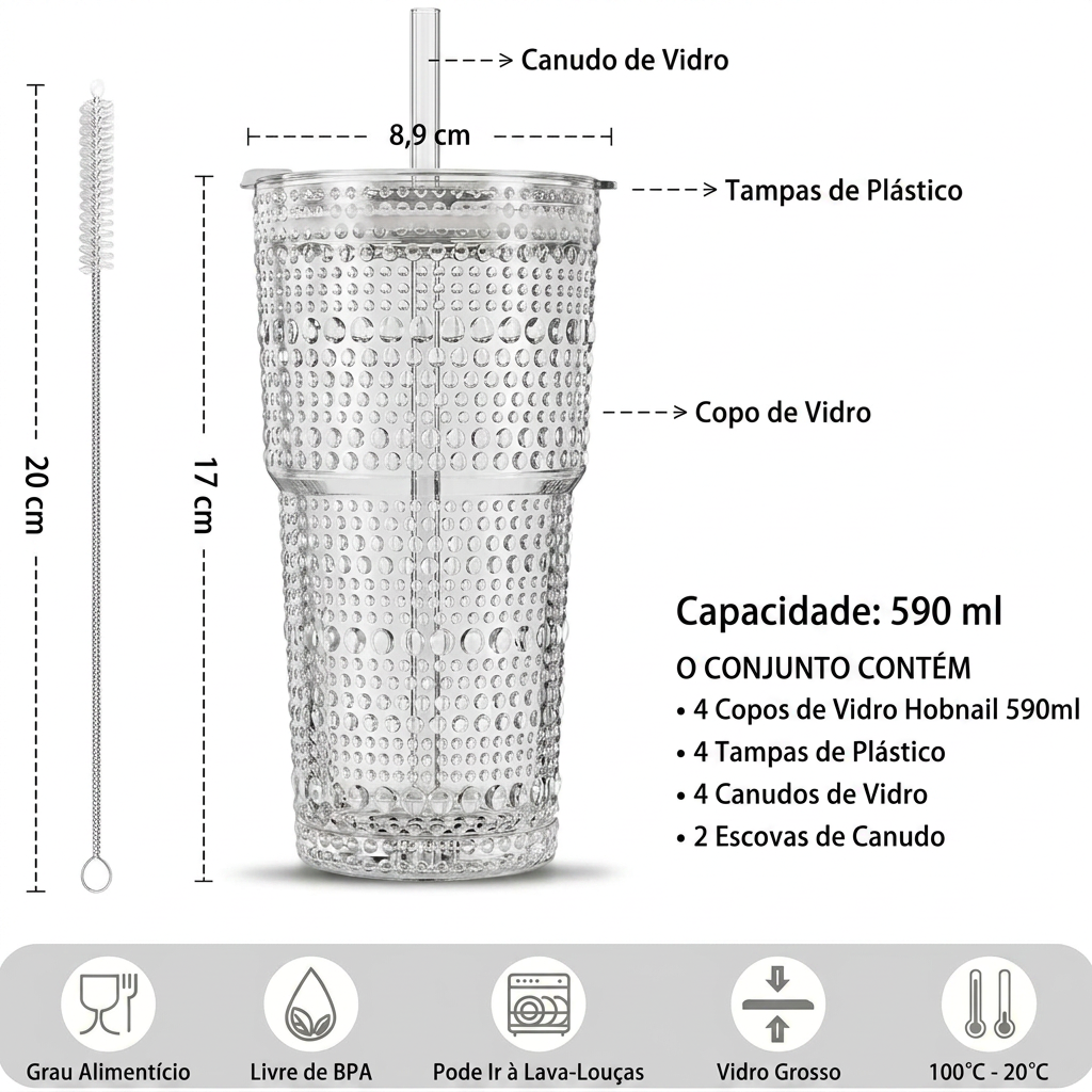 Kit Copos Térmicos de Vidro Duplo + Tampa com Vedação