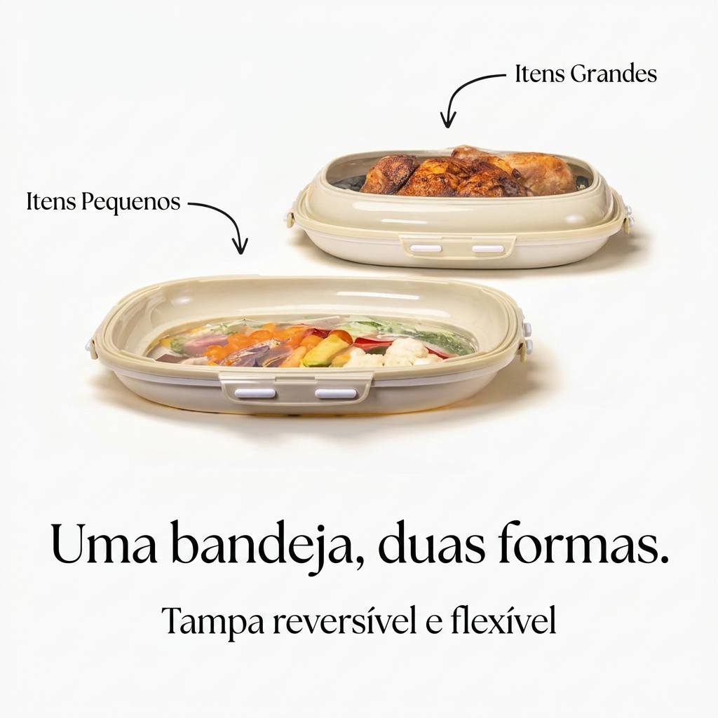 Demonstração da bandeja sendo usada de duas formas: itens pequenos e itens grandes (frango)