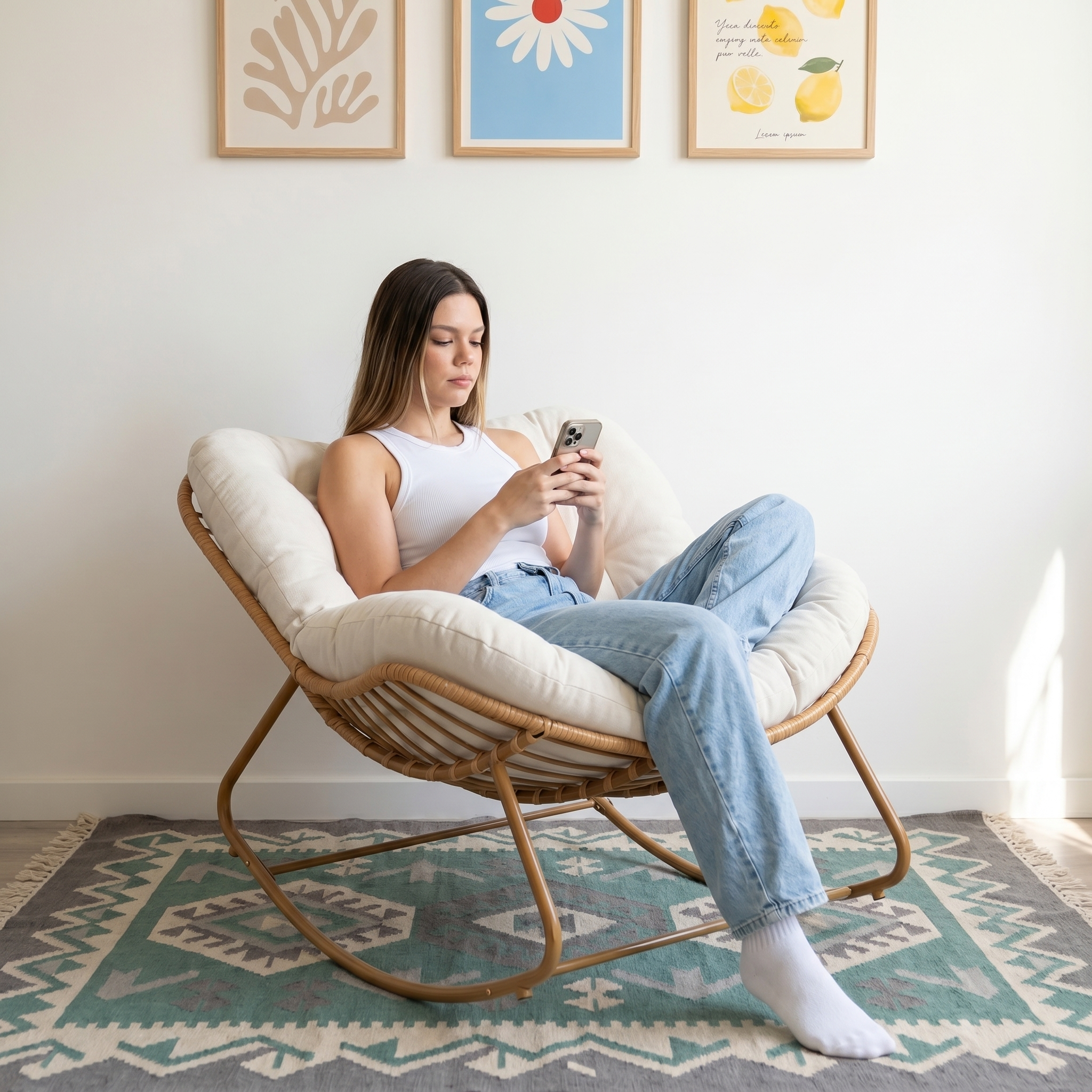 Poltrona De Balanço Concha - Rattan e Estofado Acolchoado