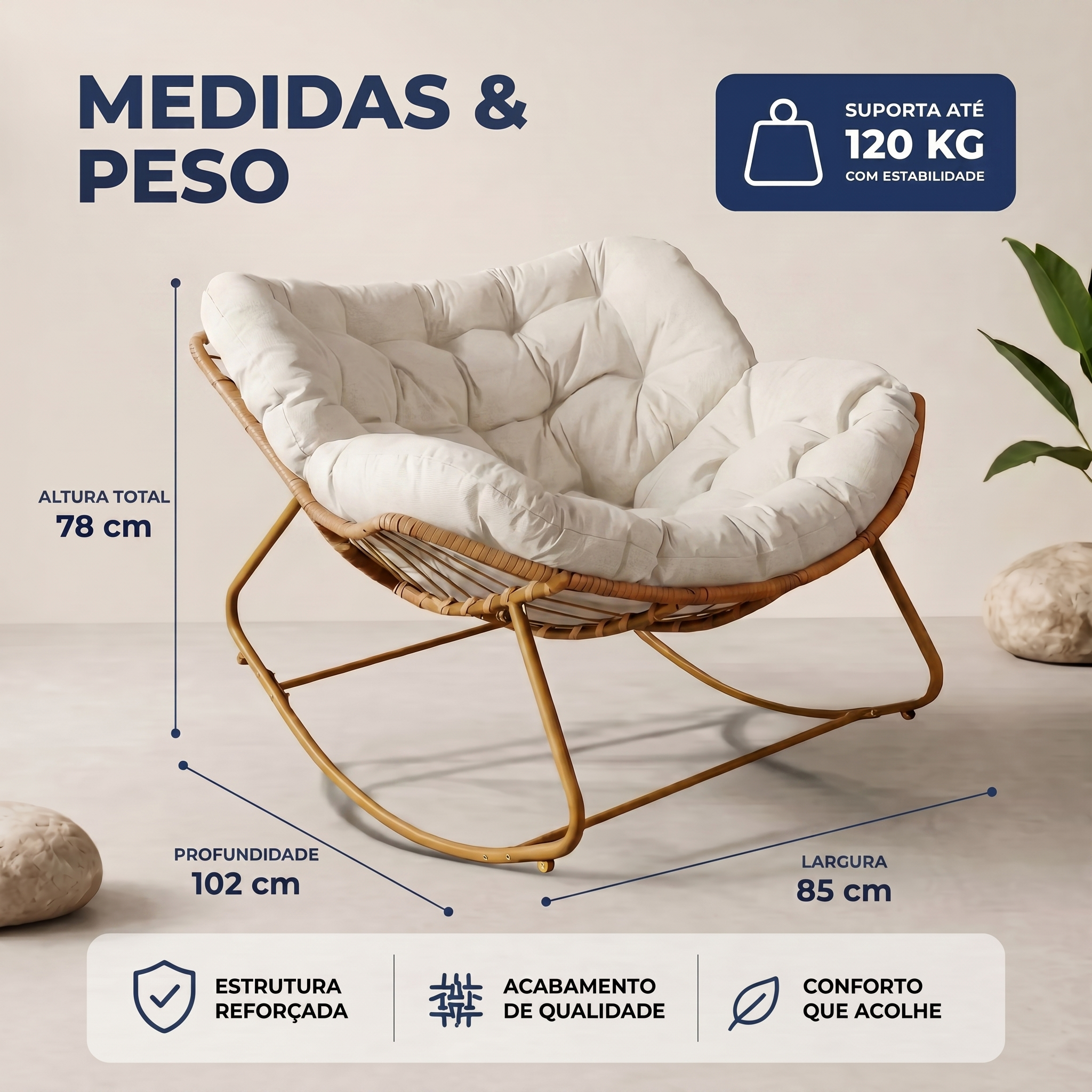 Poltrona De Balanço Concha - Rattan e Estofado Acolchoado